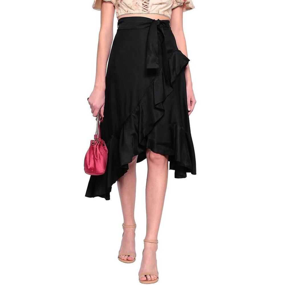 Zimmermann Rife Black Satin Asymmetrical A-Line Midi Wrap Skirt Size 2